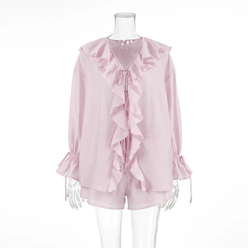 Two-piece Set Women's Ruffled Loose Tie Top