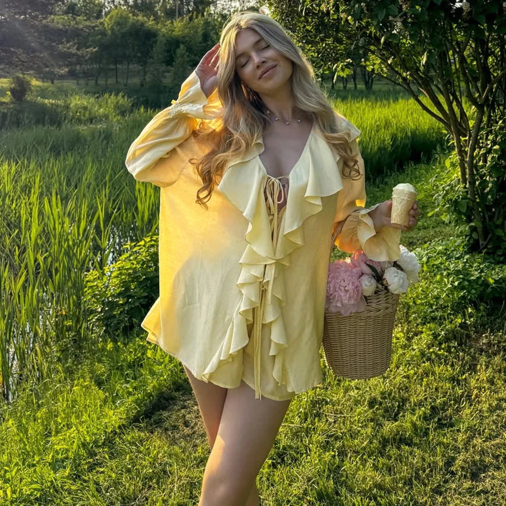 Two-piece Set Women's Ruffled Loose Tie Top