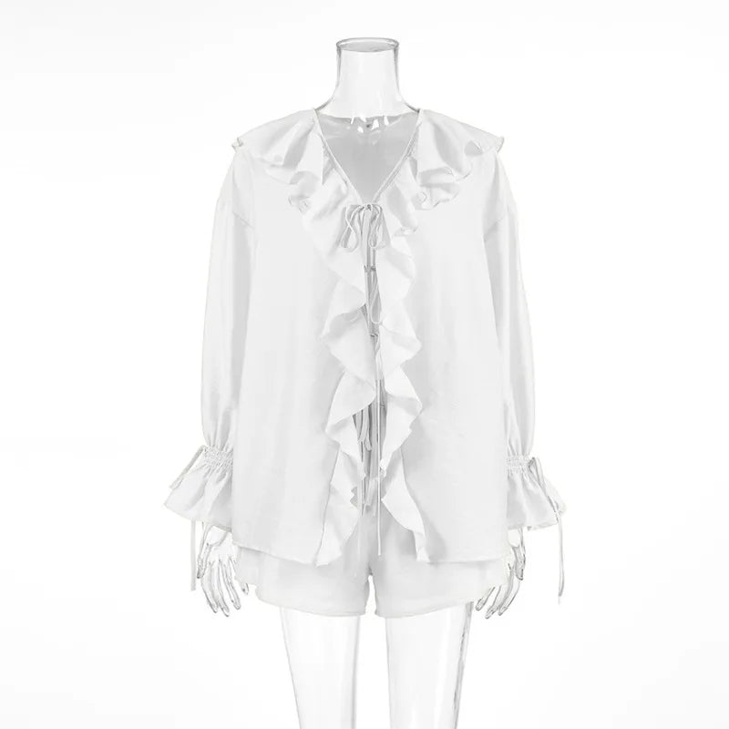 Two-piece Set Women's Ruffled Loose Tie Top
