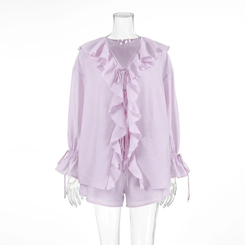 Two-piece Set Women's Ruffled Loose Tie Top