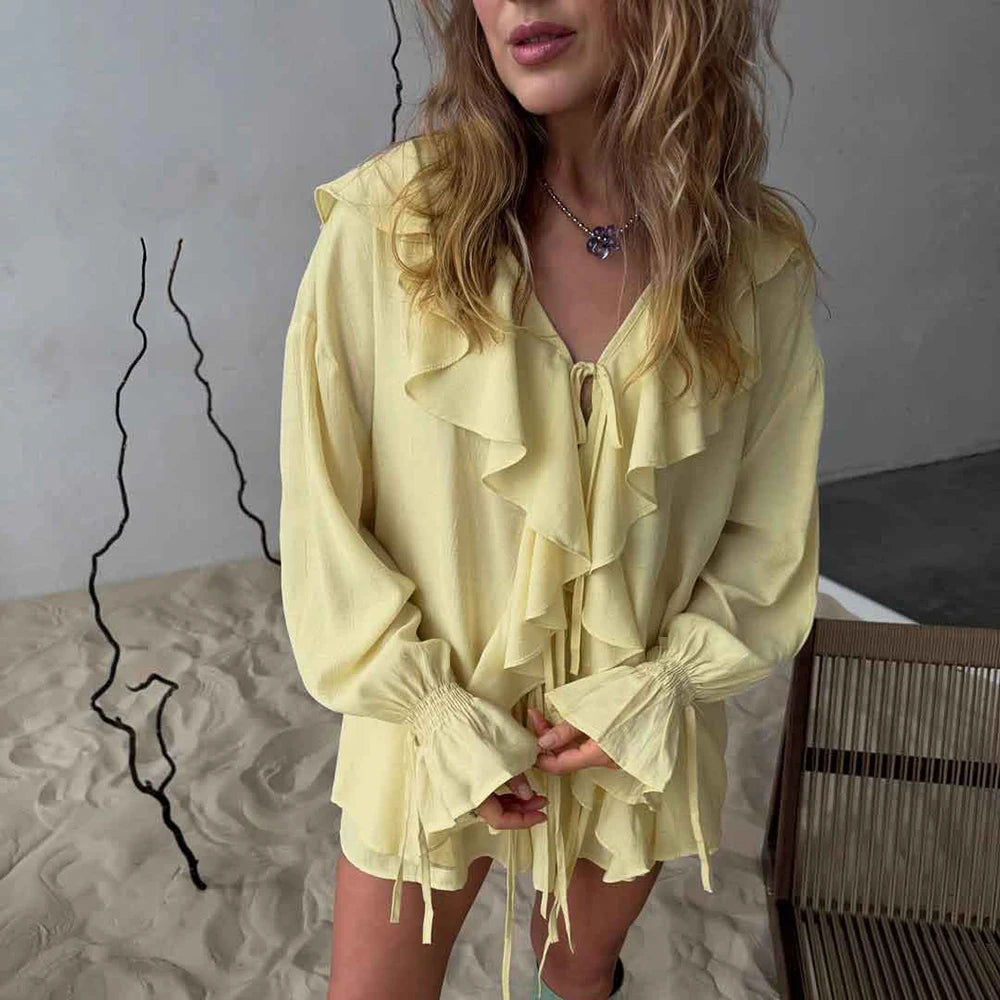 Two-piece Set Women's Ruffled Loose Tie Top